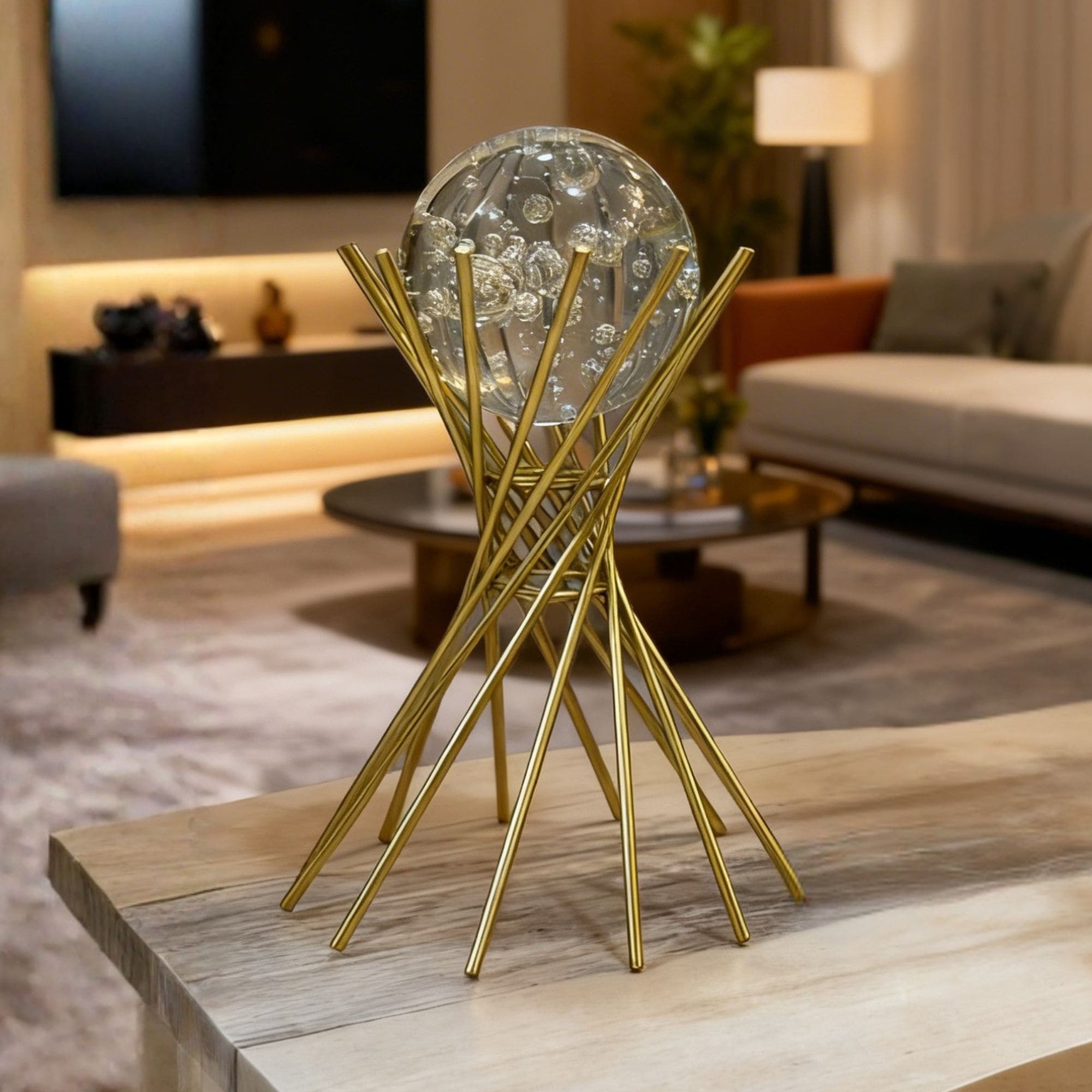 Golden metal crystal decor on coffee table in living room