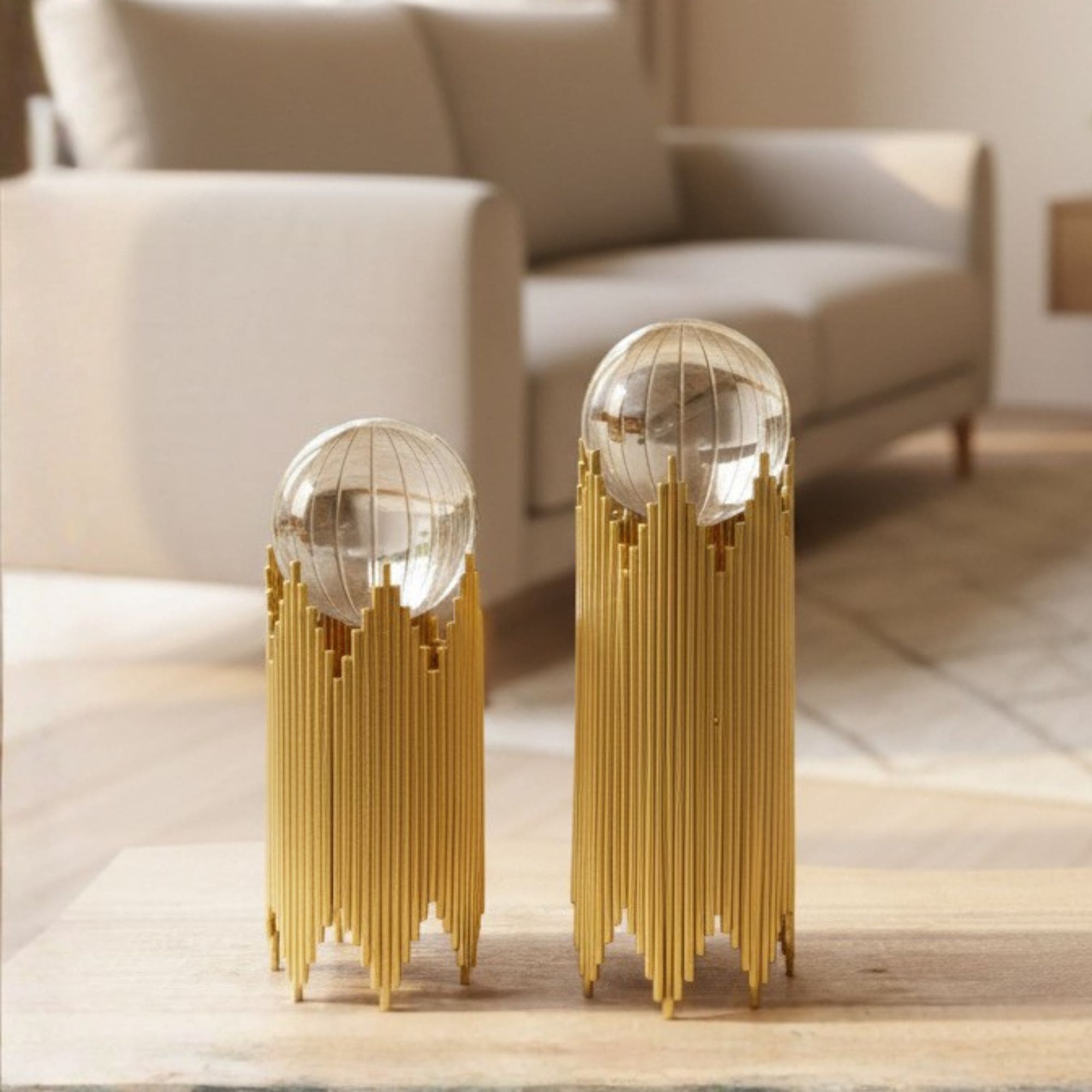 Two piece metal crystal decor set on coffee table