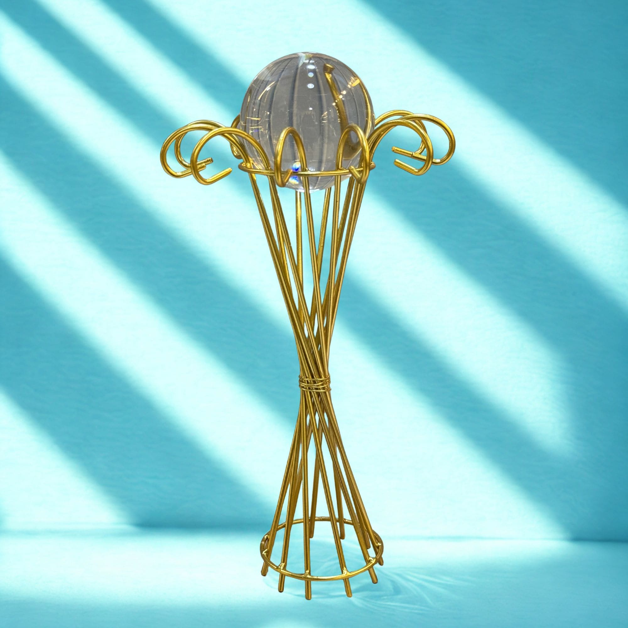 Large metal crystal holder with clear sphere 34cm